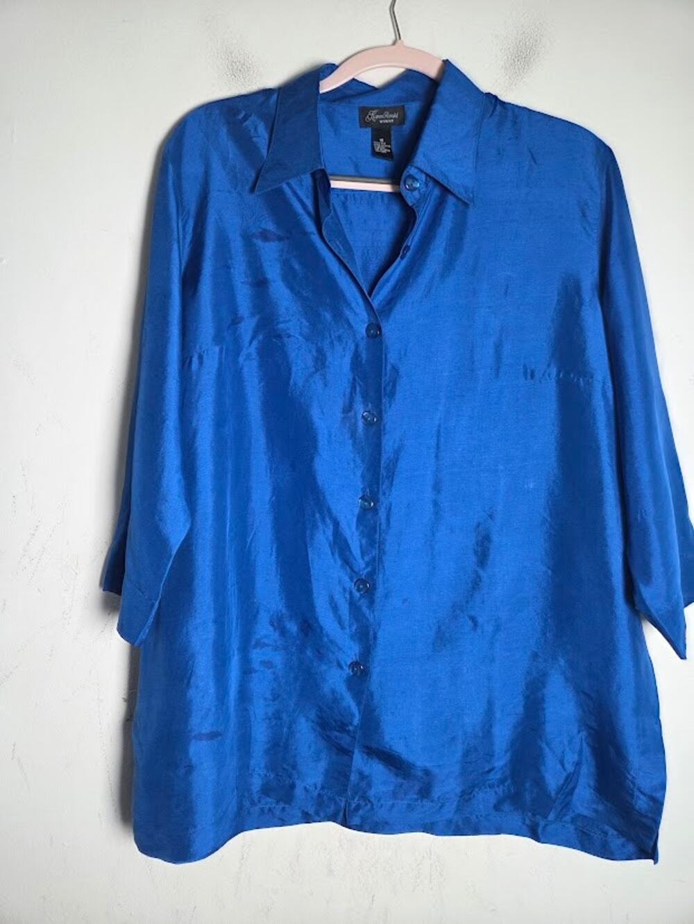 Karen Arnold Colbalt Blue 100% Silk Satin Long Line Layering Button Up Blouse 1X